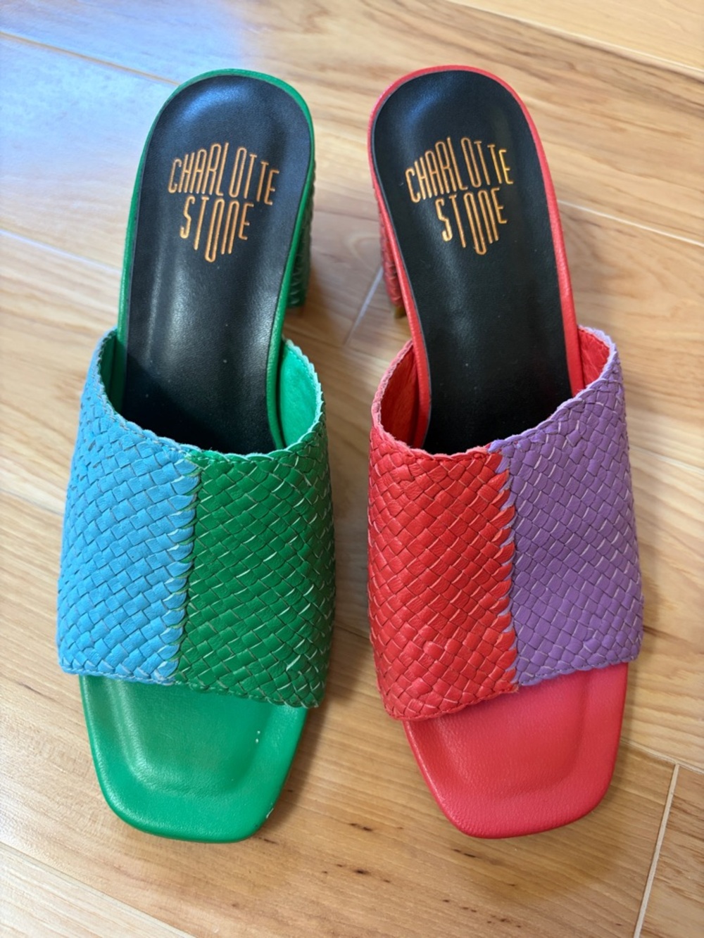 Charlotte Stone Colorblock Woven Slide Mules in Green, Blue, Red, Purple